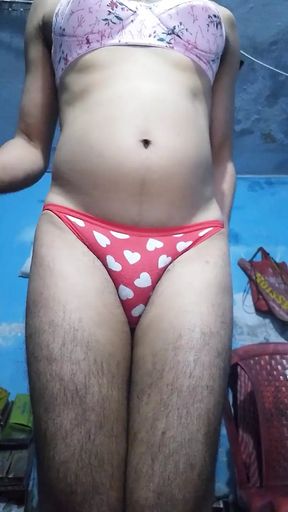 Horny Indian Teen Femboy Wearing His Step Sister&#039;s Bra and Panties While Jerking His Phimosis Cock