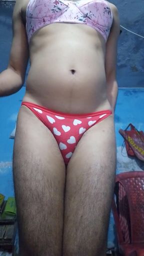Horny Indian Teen Femboy Wearing His Step Sister&#039;s Bra and Panties While Jerking His Phimosis Cock