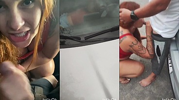 Ruiva da a buceta no carro de app na corrida compartilhada e faz um boquete no motorista