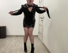 BDSM leather dress and stiletto ankle boots heels gay tranny