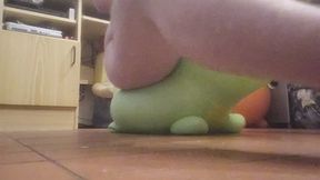 Heavy naked jumping on inflatable Dino hopper