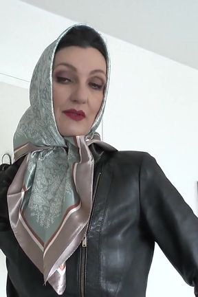 Satin Headscarf Fashion Show, Satin Headscarf and Leather Jacket, JOI Lady Victoria Valente