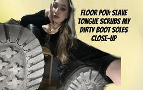 Floor POV: Slave Tongue Scrubs My Dirty Boot Soles Close