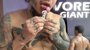 The giant demon Macabreink plays with two tiny humans and devours them.