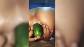 Dirty Latina's ass&#x1F351; expansion: massive cucumber invasion in her open anus