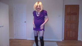 Gothic look with purple minidress and fishnets