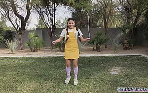 Tiny Elle Venove gets a strapon threesome with neighbors