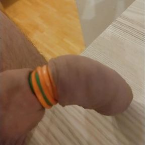 Cumming with limp cock banded with 10 bands