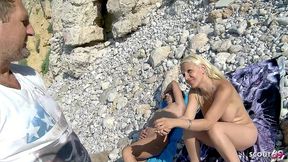 nymphomaniac blonde wife with bouncing boobs talk to crazy cheating fuck at beach by stranger next her husband