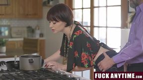 Stepmom and stepdaughter get double-teamed by daddy in kitchen