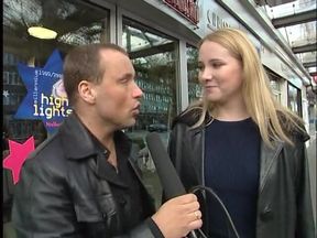 Outdoors interview with blonde babe