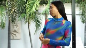 Asianspandexsluts - Get wet with Maiko as she touch herself in a pool wearing a colorful Leotard and Bright Pink Pantyhose WMV