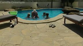 Busty blonde milf sucks big cock at outdoor pool party