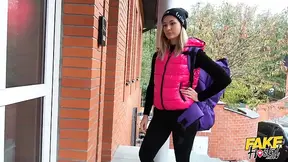 Small-tit blonde Kathy Anderson faces off a peeping guest before joining a