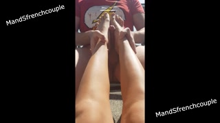 Foot job on the terrace with my little whore
