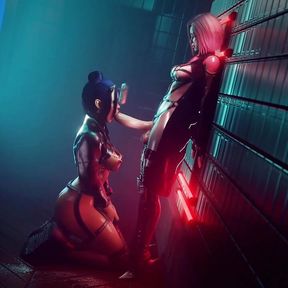 Sex between alt girls in a cyberpunk world in the nightclub bathroom