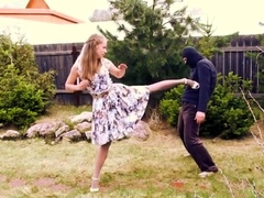 Femdom teen uses masked guy as martial arts training partner