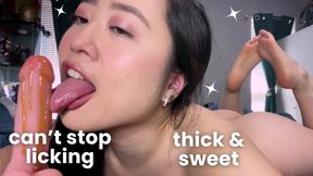 Slutty Asian Babe Licking Honey on Your Sweet Cock -ASMR