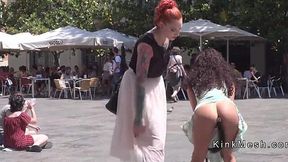 Tiny slave anal plugged in front of strangers
