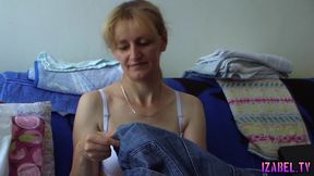 Mature sewing and wearing only bra