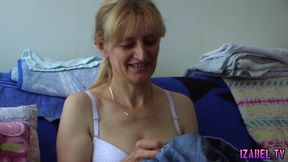 Mature sewing and wearing only bra