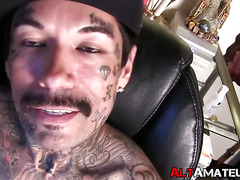 Inked goth dude shows off his firm body and masturbates solo