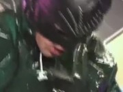 Wrapped in plastic the beautiful blonde gets cum in her mouth