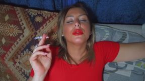 Smoking British chav with red lipstick