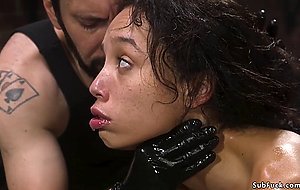 Lean ebony slave bound and fucked