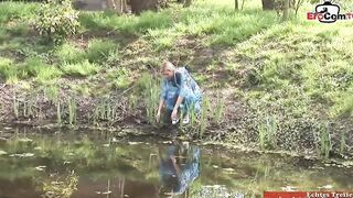 Slender blonde with natural titted into an outdoor 3-way FMM