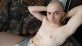 Shaved boy with long foreskin plays with his asshole and cums