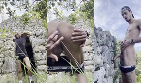 Naked twink boy fingered in countryside gushes thick cum