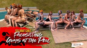 Six girls in swimwear face sit on three sunbathing guys at the pool (EN-sub)