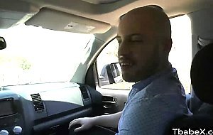 Small tits shemale Kate Zoha gives a blowjob at the backseat
