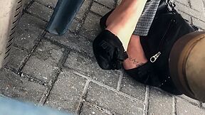 Amateur Babe Dangling Her Black Candid Mules In Public