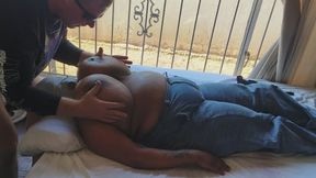 Oiled up titty fucked and sucked on macromastia HH cup black boobs pov 4k