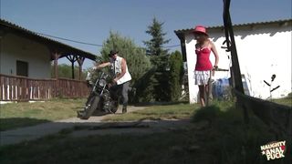 Biker Stud Spots a Farm Girl with Her Small Tits Out and Stops for Sex