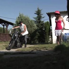 Biker Stud Spots a Farm Girl with Her Small Tits Out and Stops for Sex