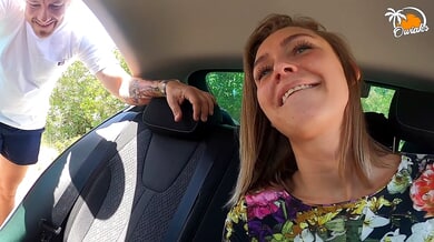 Blonde couple gets intimate with risky fingering session inside their parked car
