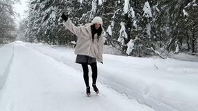 Heelless shoes on ice, platform shoes on snow, slippery platform shoes, girl walking on snow