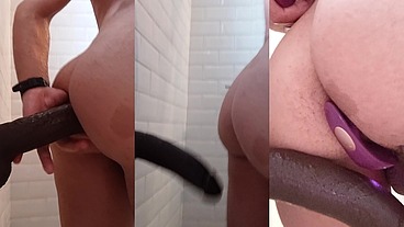 Jugando con mis dildos en la ducha