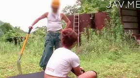 Hot Japanese Babe Flashes Tits for Rugged Construction Worker