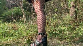 Muscular Calves in Nature-in Fishnets and Studded Heels