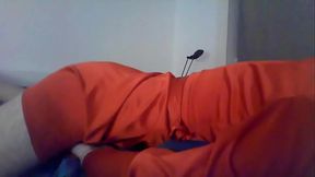 Sexy crossdresser cuming on satin red dress