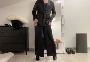 Satin silk jumpsuit and blazer jacket on sissy tranny slut