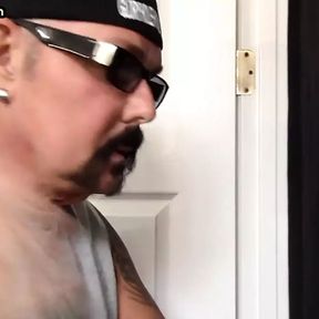 Inked gloryhole DILF sucks cock till jizz in greedy mouth