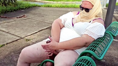 Plump American blonde spreads wide on a public bench and fingers herself openly at a bus stop