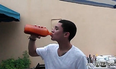 Teen guys playing funny games outdoor for hard cash