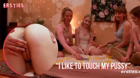 Four sexy girls play erotic game, showing off shaved pussy and natural tits