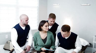 Curvy bespectacled teacher Valentina Nappi takes on three eager students in a steamy classroom foursome